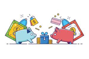 Whimsical design of piggy banks interacting with money and gifts, representing spending habits, savings, and financial balance vector