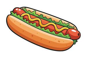 Cartoon hot dog with vibrant colors, featuring mustard, lettuce, and a juicy sausage in a bun, ideal for food related projects vector