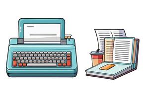 Vintage office tools including a typewriter and filing system in a clean graphic, symbolizing creativity and classic design vector