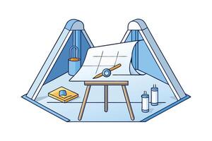 Blueprint drafting scene featuring precision tools, grid paper, and architectural instruments in an organized illustration vector