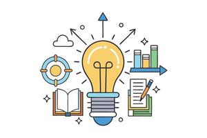 Stylized illustration showcasing a lightbulb surrounded by arrows, books, and graphs representing educational growth and innovation vector