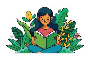 Illustration of a woman enjoying a book in a lush greenery environment, emphasizing relaxation, learning, and connection to nature vector