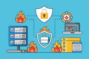 Illustration of cybersecurity network showing shields, firewalls, data protection, and secure data exchange with a modern digital design vector