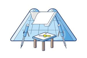 Professional engineering workspace with drafting table, blueprint rolls, compasses, and technical drawing instruments in blue tones vector