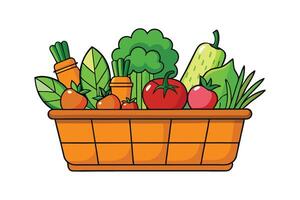 Illustration of a Basket Filled with Fresh Vegetables Including Tomatoes, Carrots, Broccoli, and Greens in a Vibrant Cartoon Style vector