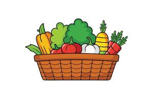 Cartoon Style Vegetable Basket Featuring Organic Produce Like Tomatoes, Carrots, and Broccoli on a White Background vector