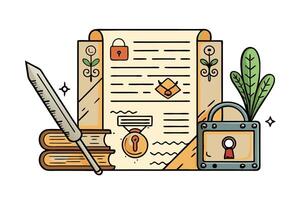 elegant illustration of an encrypted recipe card with vintage scroll, feather quill, padlock, and decorative elements symbolizing security vector