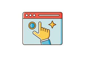 graphic of a hand pointing to a button in a browser window, representing online activity, website interaction, and UI design vector