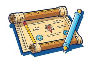 Ancient parchment scroll with ornate details, accompanied by traditional ink pen, set in a refined design vector
