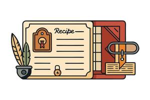 vintage style art of a secured recipe document with a scroll, padlock, and quill, symbolizing protection and confidentiality vector