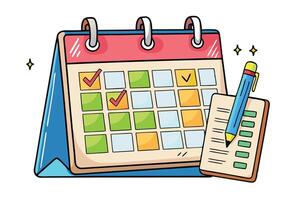 Colorful desk calendar illustration with highlighted dates, checklist, and pencil, symbolizing organization, planning, and time management vector