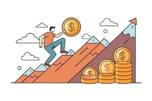 Creative illustration of financial growth, showing a person scaling a coin filled mountain symbolizing wealth accumulation and success vector