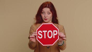 Woman say no hold inscription text red No stop danger sign, warning of finish, prohibited access video