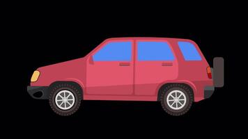 2D cartoon suv or cuv red car side view moving animation, transparent background on alpha channel, car animated 4k, seamless loop animated video