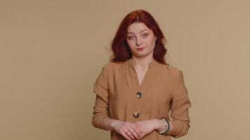 Woman tired bored indifferent expression, exhausted of tedious story not interested in communication video