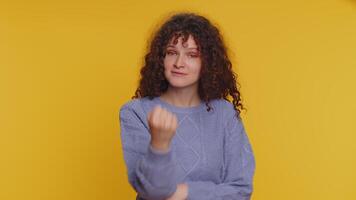 Aggressive angry woman trying to fight at camera, shaking fist, boxing with expression, punishment video