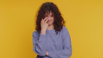 Serious woman pointing at her eyes show I am watching you gesture spying on someone guilty disbelief video