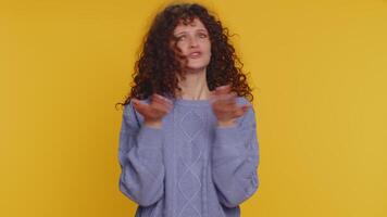 Woman raising hands in indignant expression ask why what reason of failure demonstrating disbelief video