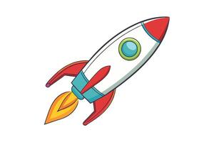 Illustration of a colorful cartoon rocket icon with fire blasting from its tail, symbolizing speed, launch, and exploration vector