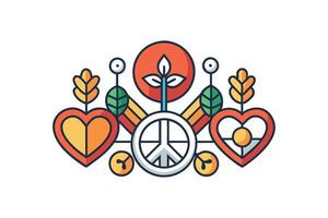 Modern design combining peace signs, heart shapes, and botanical elements to represent unity, kindness, and environmental care vector