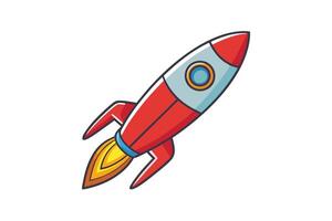 Stylized rocket icon with red, white, and blue design and flames, representing space travel and innovation in a fun, playful manner vector