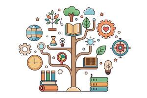 Lifelong learning tree illustration symbolizing growth, education, innovation, and sustainability with books, gears, and lightbulbs vector