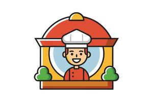 Creative graphic of a chef standing in a vibrant restaurant setting, ideal for culinary branding and promotional materials vector