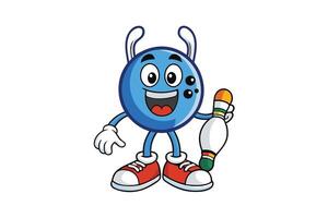 Cartoon style bowling character with a vibrant blue pin and ball, featuring expressive faces and playful design, ideal for sports themes vector
