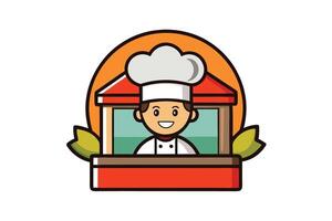 Colorful cartoon illustration of a chef in front of a restaurant with a friendly smile, perfect for food related designs and advertisements vector