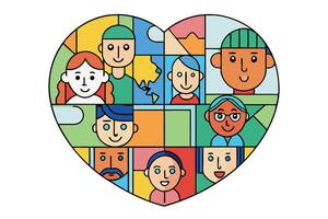 Colorful heart mosaic featuring diverse multicultural faces, symbolizing unity, inclusivity, and global connection vector
