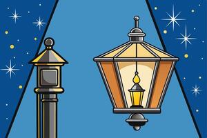 Stylized image depicting the transition from historical gas lanterns to contemporary electric streetlights at night vector