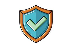 Cartoon shield with checkmark icon symbolizing security and protection in a colorful illustration on white background vector