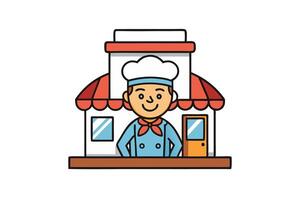 Bright and cheerful illustration of a professional chef in a classic restaurant, suitable for menus, ads, or food app icons vector