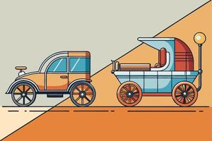 Stylized graphic showcasing side by side comparison of vintage carriages and modern vehicles, representing old vs new technology vector