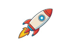 Cartoon rocket flying upwards, featuring a detailed red and white body, symbolizing progress, technology, and outer space vector