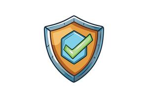 Vibrant cartoon shield design with a tick mark representing approval, trust, and safety in a modern style vector