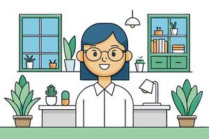 Cheerful female character with glasses in an organized and vibrant office, perfect for themes of productivity and modern work environments vector