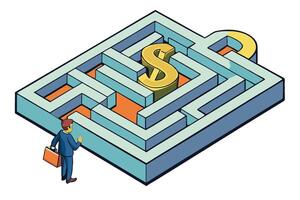 business maze concept with man navigating towards dollar sign, creative design wallpaper background vector