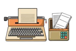 Classic typewriter with paper and retro office items, creatively illustrated for themes of writing, organization, and history vector
