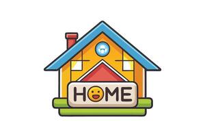 Cartoon style home graphic with a smiling expression, perfect for themes of warmth, shelter, and family in a playful and colorful design vector