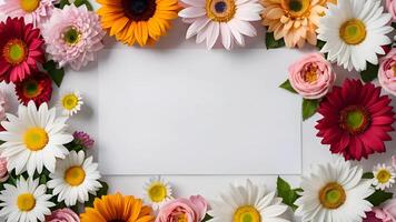 a white paper surrounded by various variants of beautiful and enchanting flowers. suitable for invitations and accessories that require a beautiful and beautiful appearance. photo