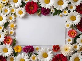a sheet of white paper surrounded by various kinds of colorful flowers with unique colors. suitable for invitations and accessories that require a beautiful and beautiful appearance. photo