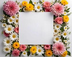 a piece of white paper surrounded by various colorful flowers. suitable for invitations and accessories that require a beautiful and beautiful appearance. photo