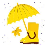 Autumn set of rubber boots, umbrella and maple leaf with drops on an isolated background. vector