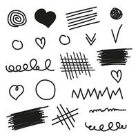 Collection of abstract hand doodles on isolated background. Hearts, checks, circles and swirls. Set of hand drawn geometric shapes. vector