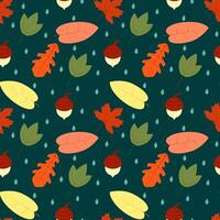 Autumn pattern of leaves, acorns and raindrops on a dark background.Seamless texture. vector