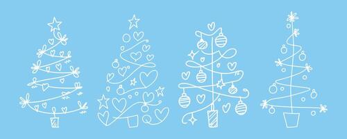 his high-resolution image showcases a set of four hand-drawn Christmas trees, each with its unique style and decorations. The trees feature simple line art and are decorated vector