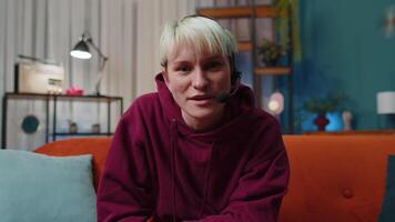 POV of woman at home wearing headset freelance worker call center, support service operator helpline video