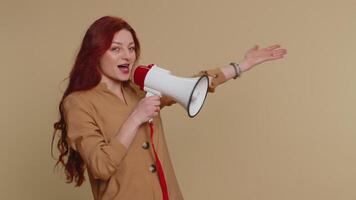 Woman talking with megaphone, proclaiming news, loudly announcing advertisement pointing empty place video