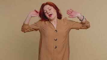 Tired sleepy redhead woman yawning, feeling somnolent lazy bored gaping suffering from lack of sleep video